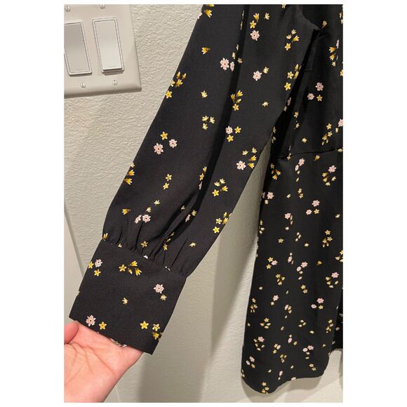 LOFT Floral Tie Neck Long Sleeves Flare Mini Black Dress - Picture 4 of 6